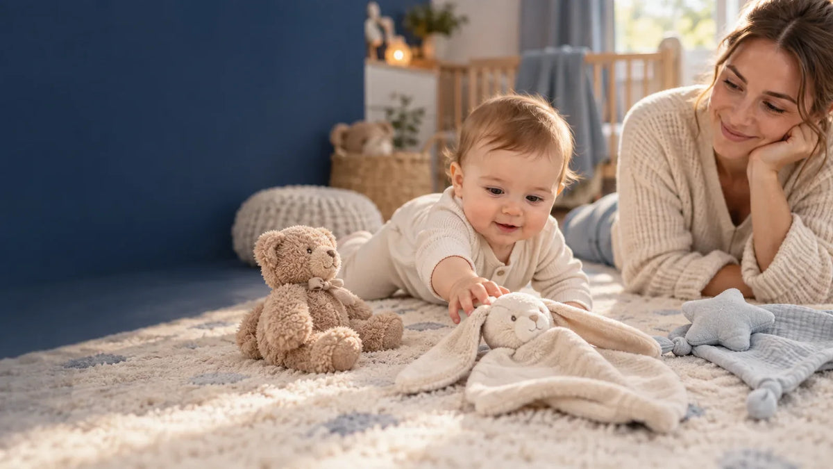 Bébé observant plusieurs objets doux pour choisir son doudou