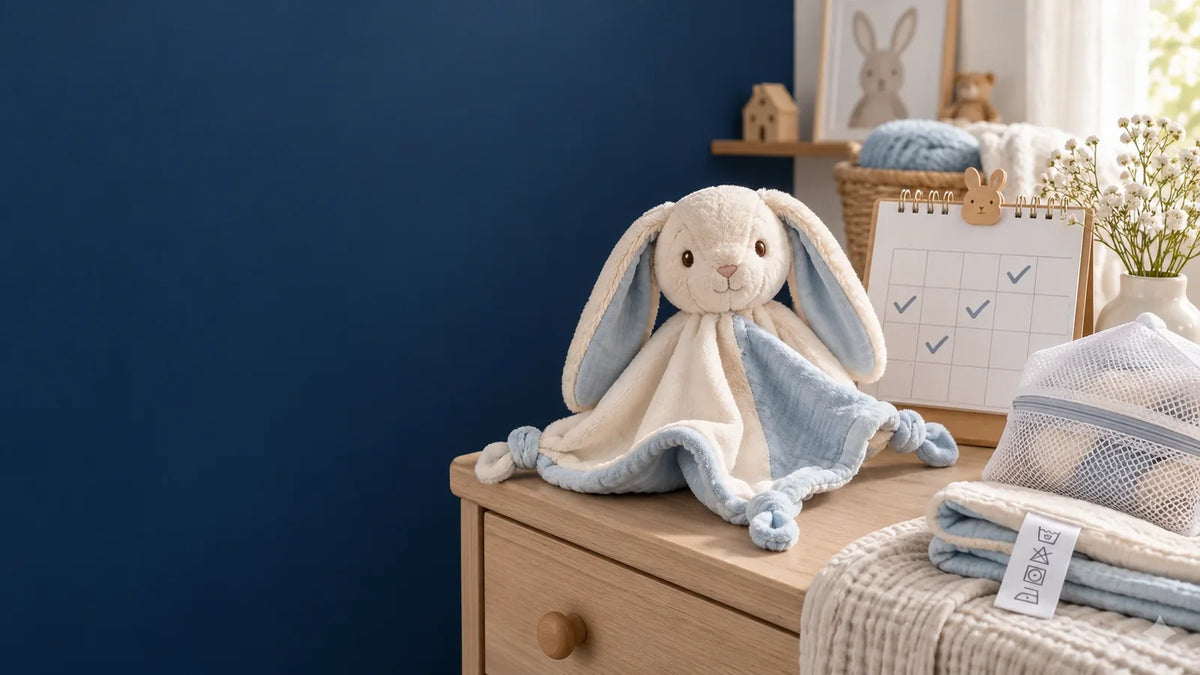 Doudou propre avec calendrier, filet de lavage et étiquette d'entretien