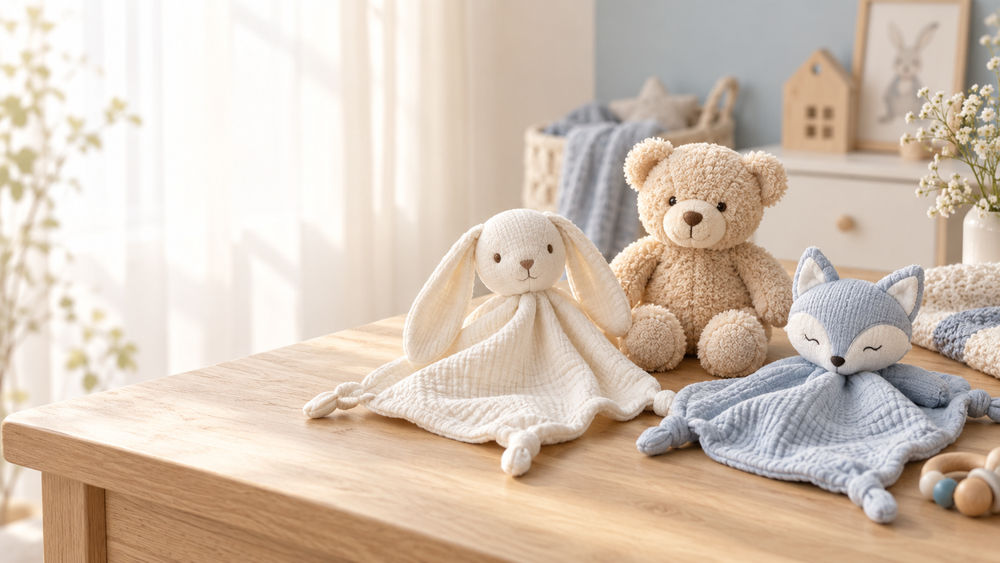 Différents formats de doudous pour bébé présentés dans une chambre lumineuse