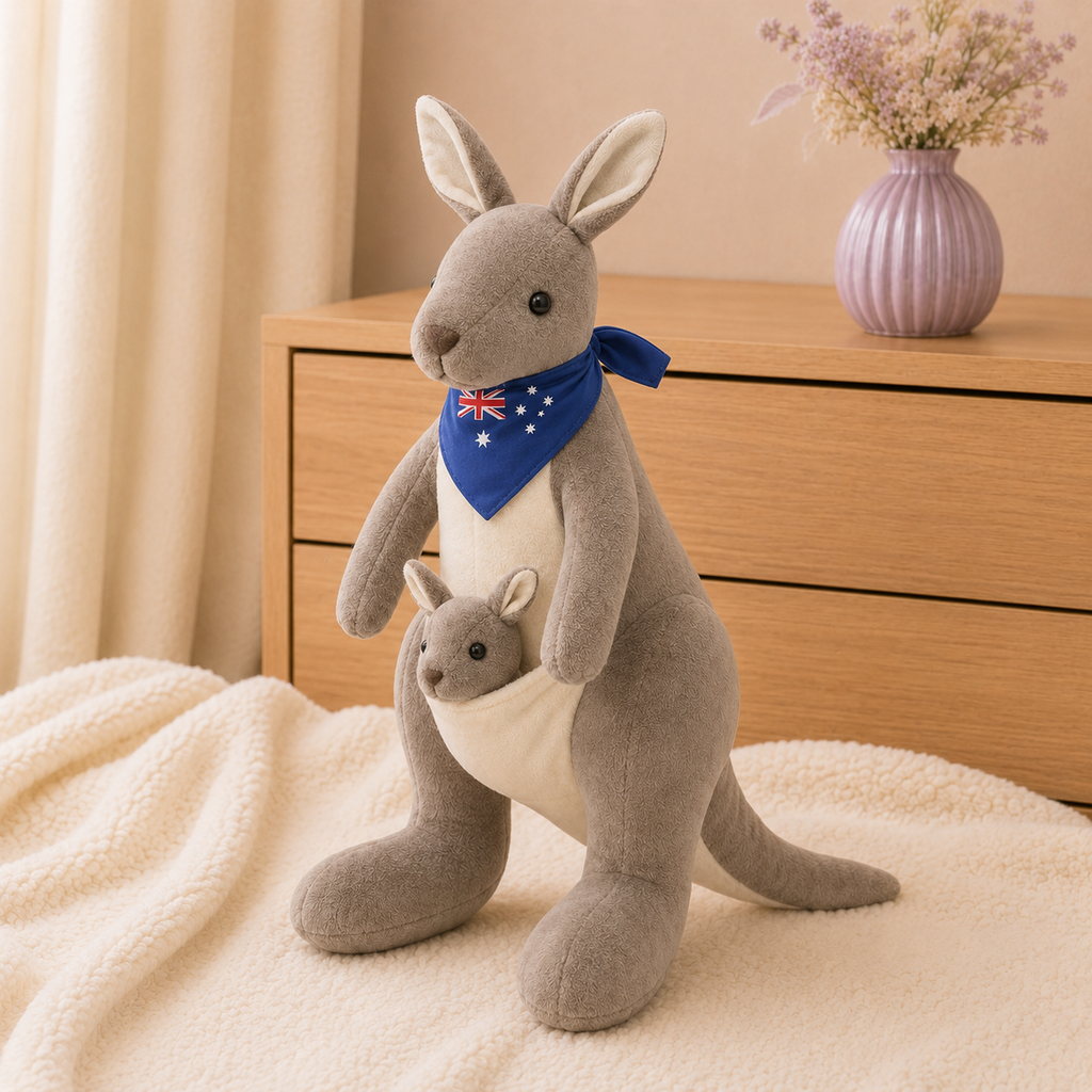 Peluche kangourou gris foncé avec son bébé posée sur une couverture ivoire près d'une commode