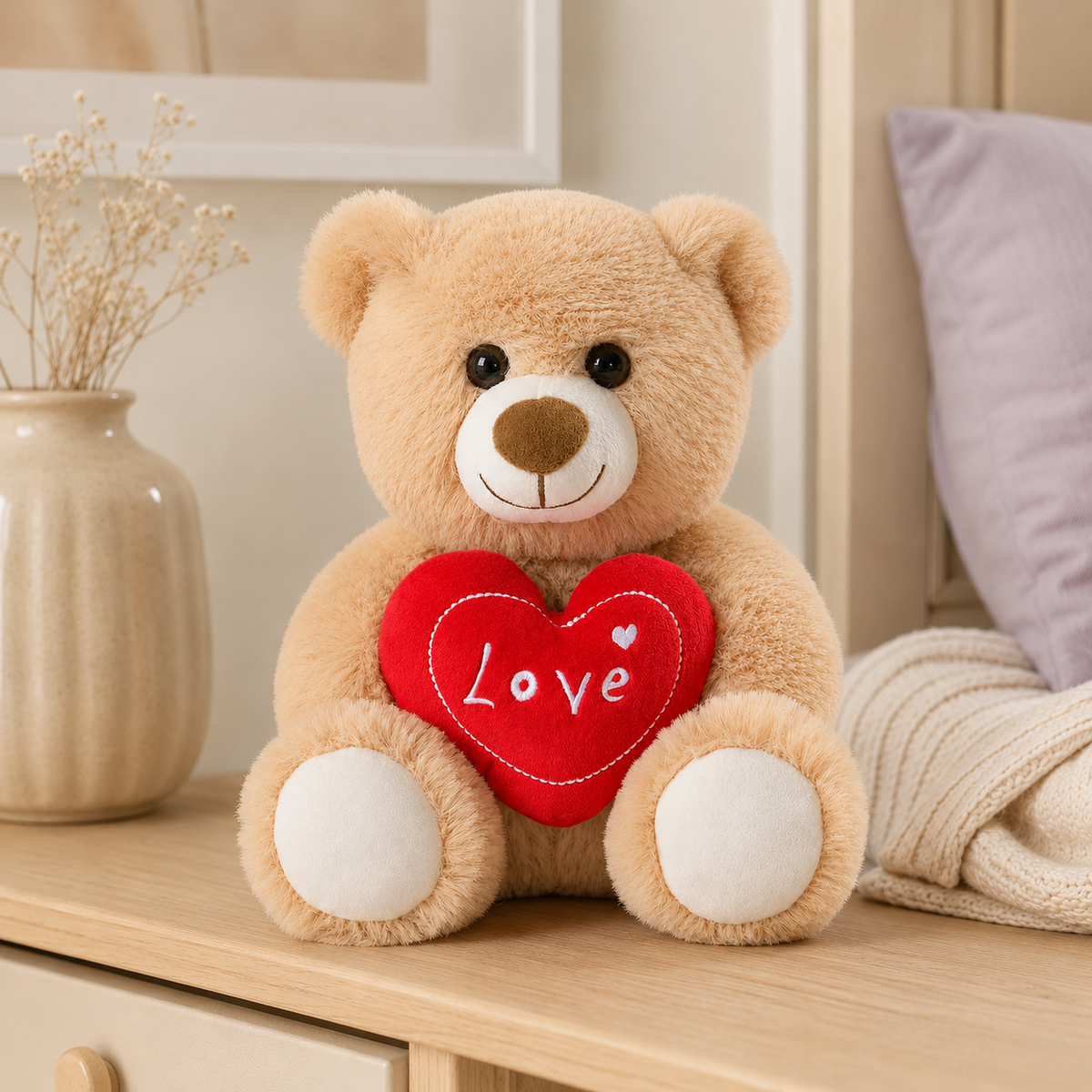 Peluche ours beige clair au cœur rouge Love posée sur une commode en bois clair