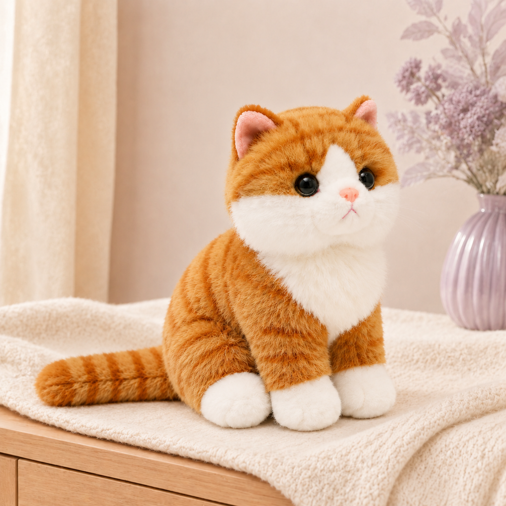 Chat en peluche orange tigré posé dans un intérieur clair