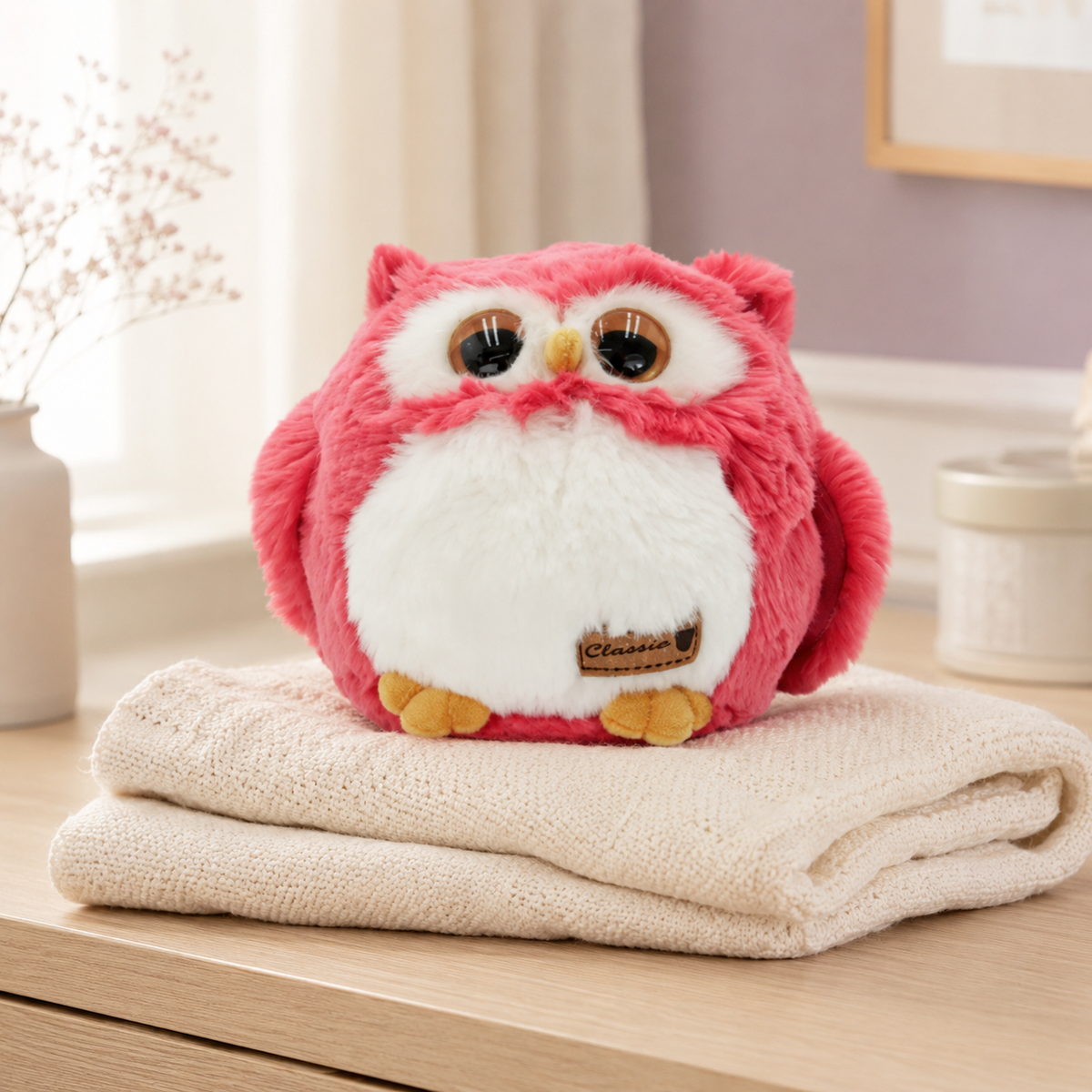 Peluche hibou framboise posée sur une couverture ivoire dans une chambre douce