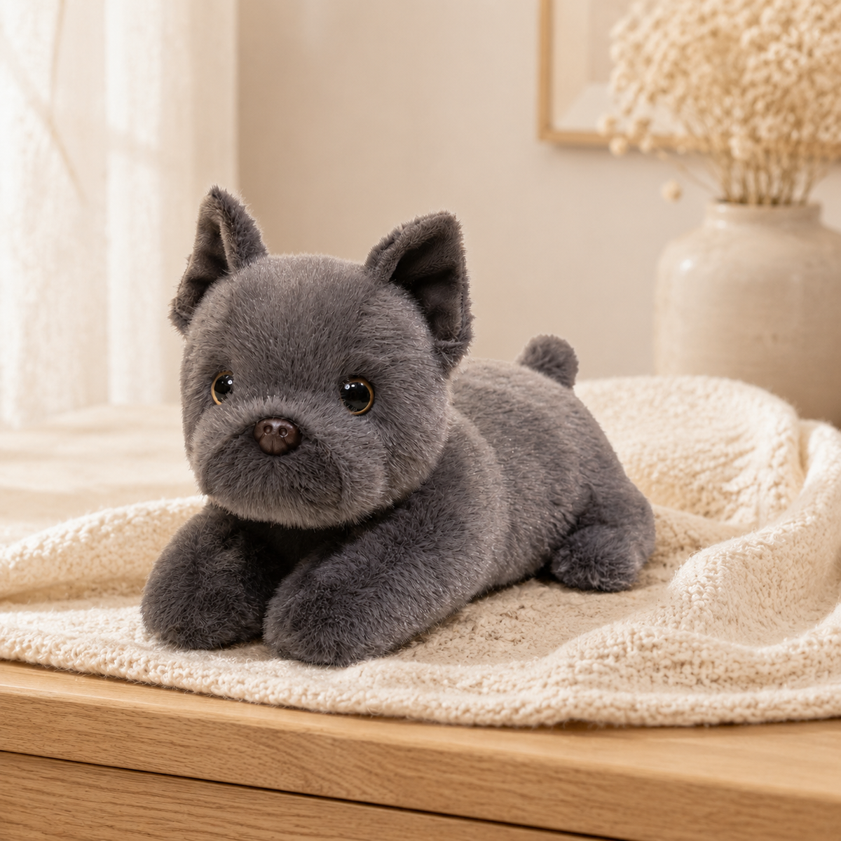 Peluche bouledogue grise sur une couverture ivoire dans une ambiance douce