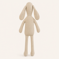 Doudou lapin en tissu beige vu de dos sur fond ivoire