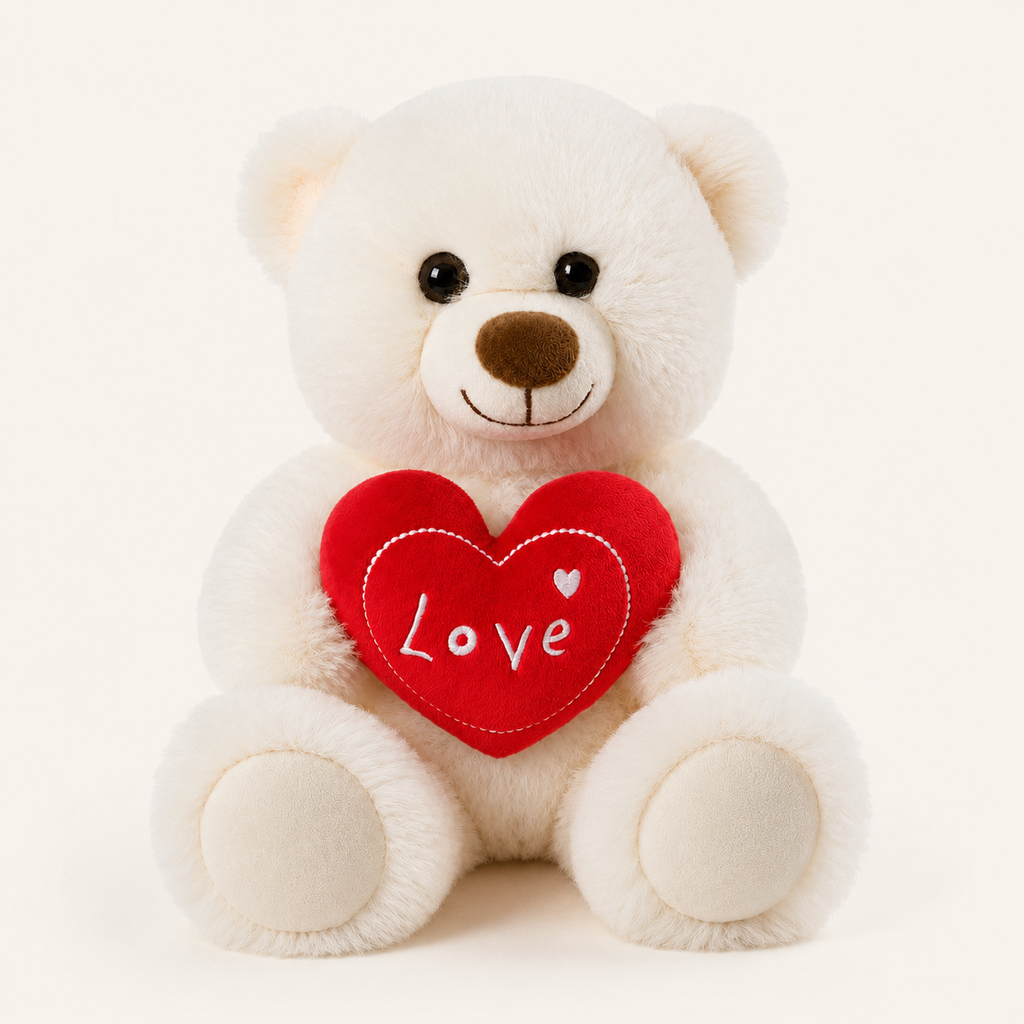 Peluche ourson blanche tenant un cœur rouge brodé Love, vue de face sur fond ivoire