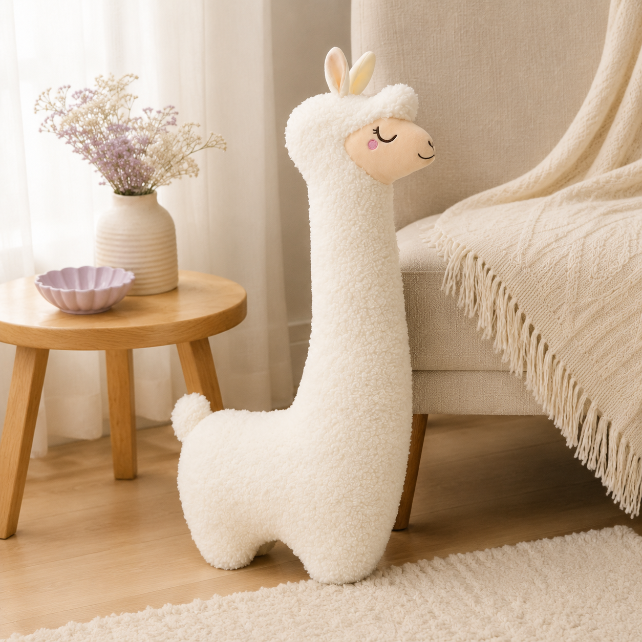 Grand alpaga en peluche blanc ivoire dans une ambiance douce