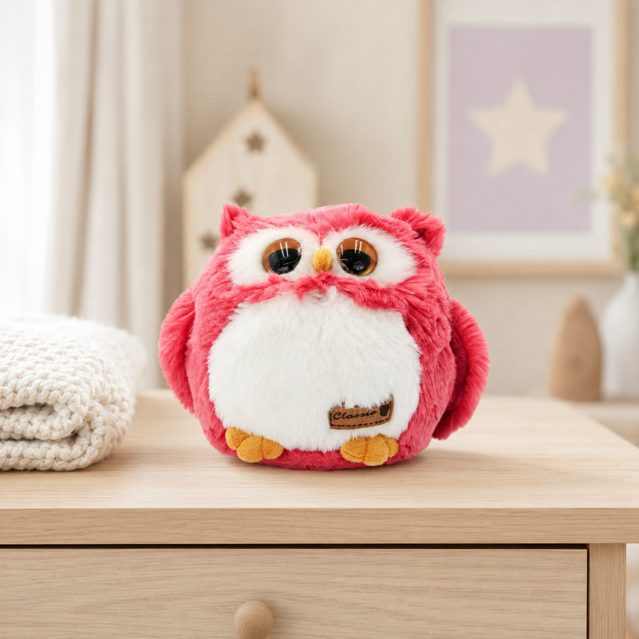 Peluche hibou rose posée sur une commode en bois clair dans une chambre d'enfant