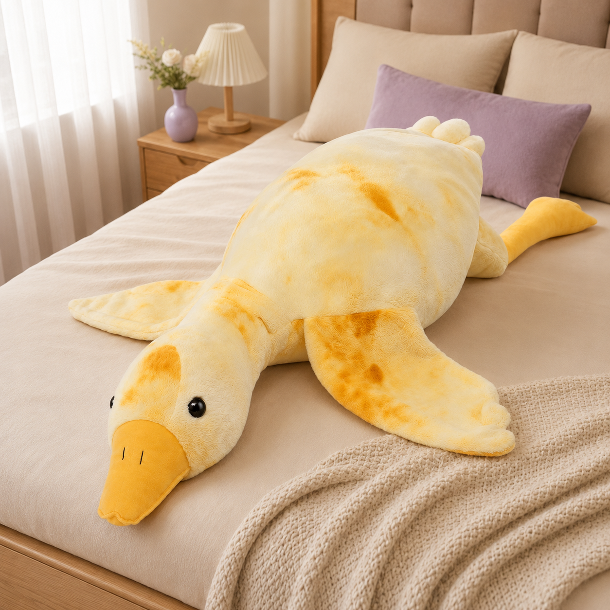Grande peluche oie jaune installée sur un lit dans une chambre aux tons crème
