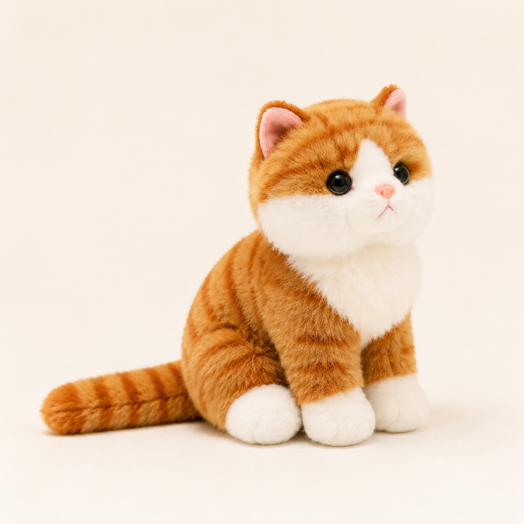 Chat en peluche orange tigré, vue de trois-quarts opposé