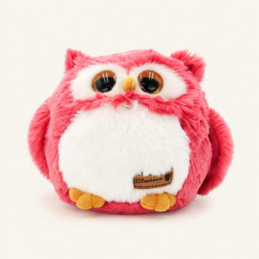 Peluche hibou rose de 11 cm vue de face sur fond ivoire