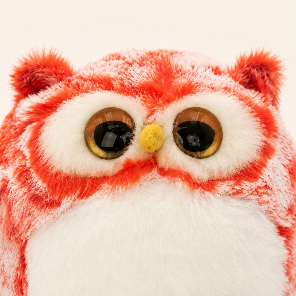 Gros plan sur les yeux ambrés et la fourrure de la peluche hibou rouge