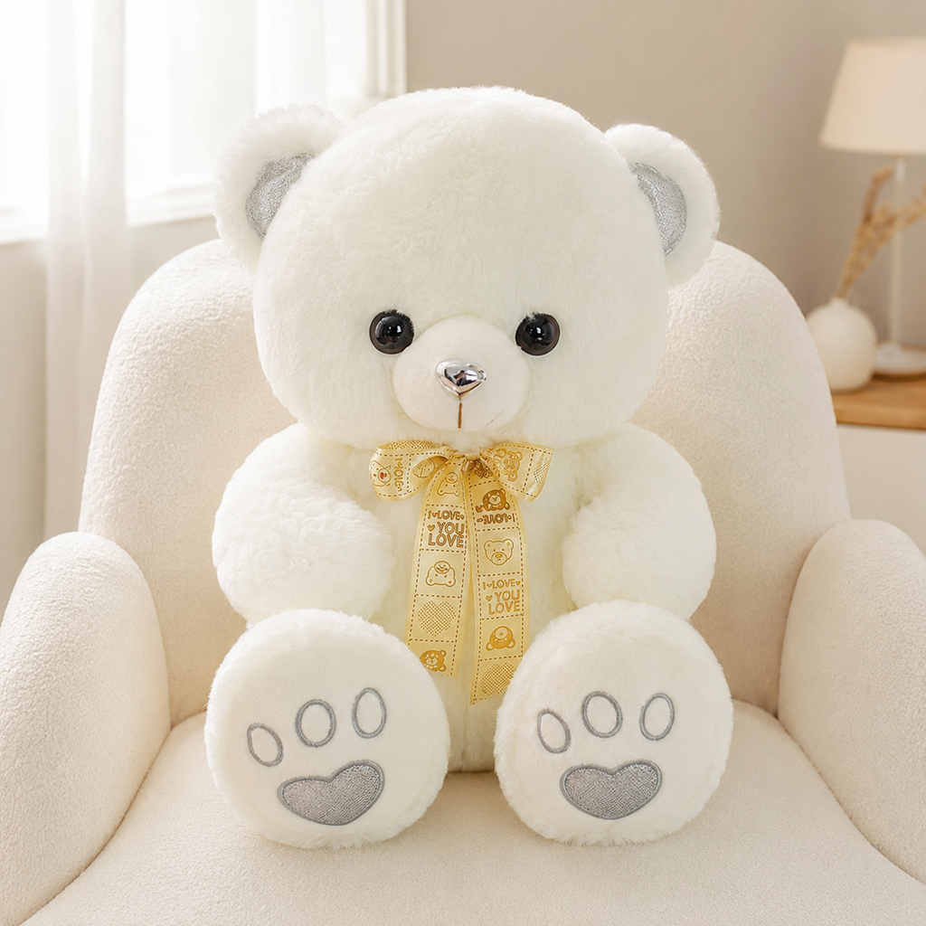 Ours en peluche blanc avec nœud doré 50 cm sur un fauteuil ivoire