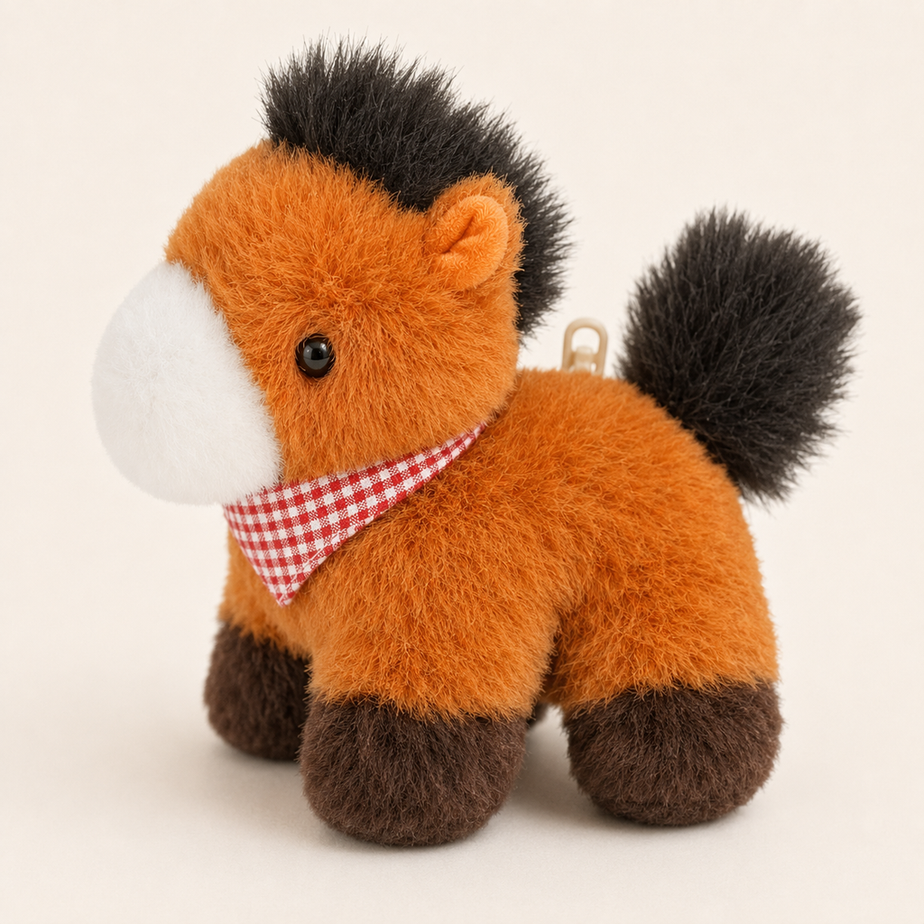 Détail du visage et de la crinière du petit cheval en peluche orange