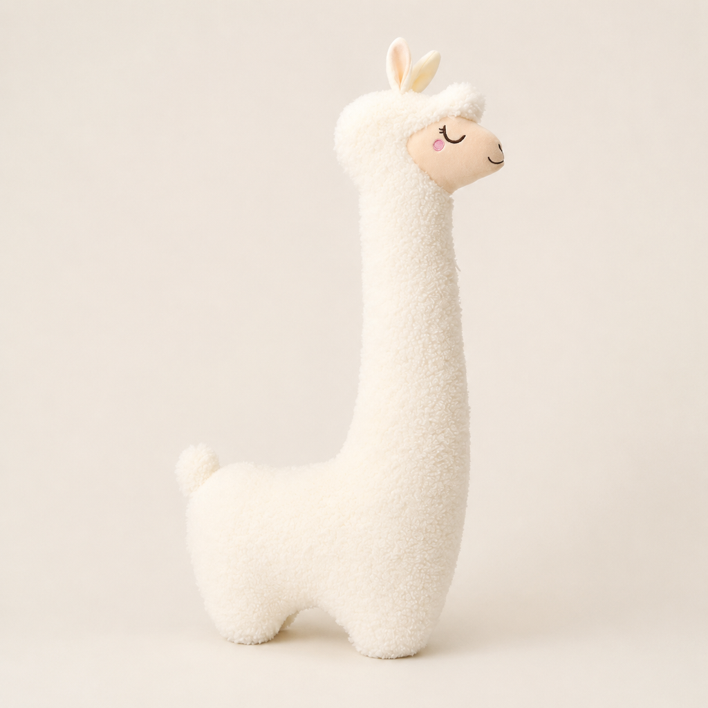 Grand alpaga en peluche blanc ivoire vu de profil trois-quarts