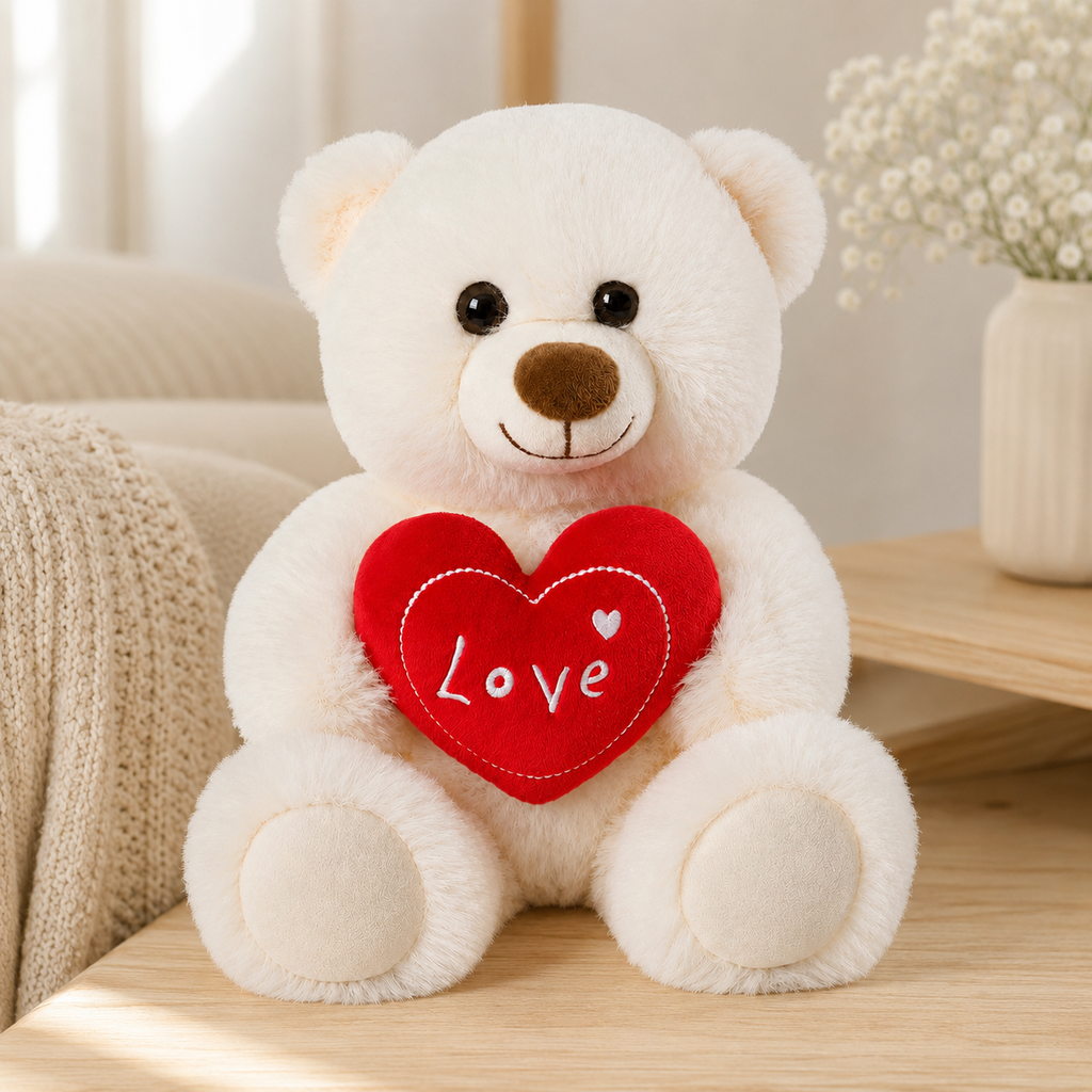 Peluche ourson blanche tenant un cœur rouge brodé Love dans un décor intérieur beige et bois clair