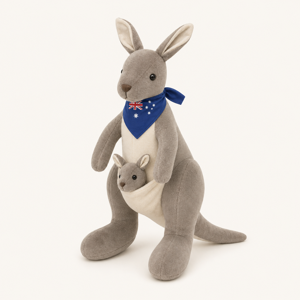 Peluche kangourou gris foncé avec son bébé, vue principale de face et trois-quarts