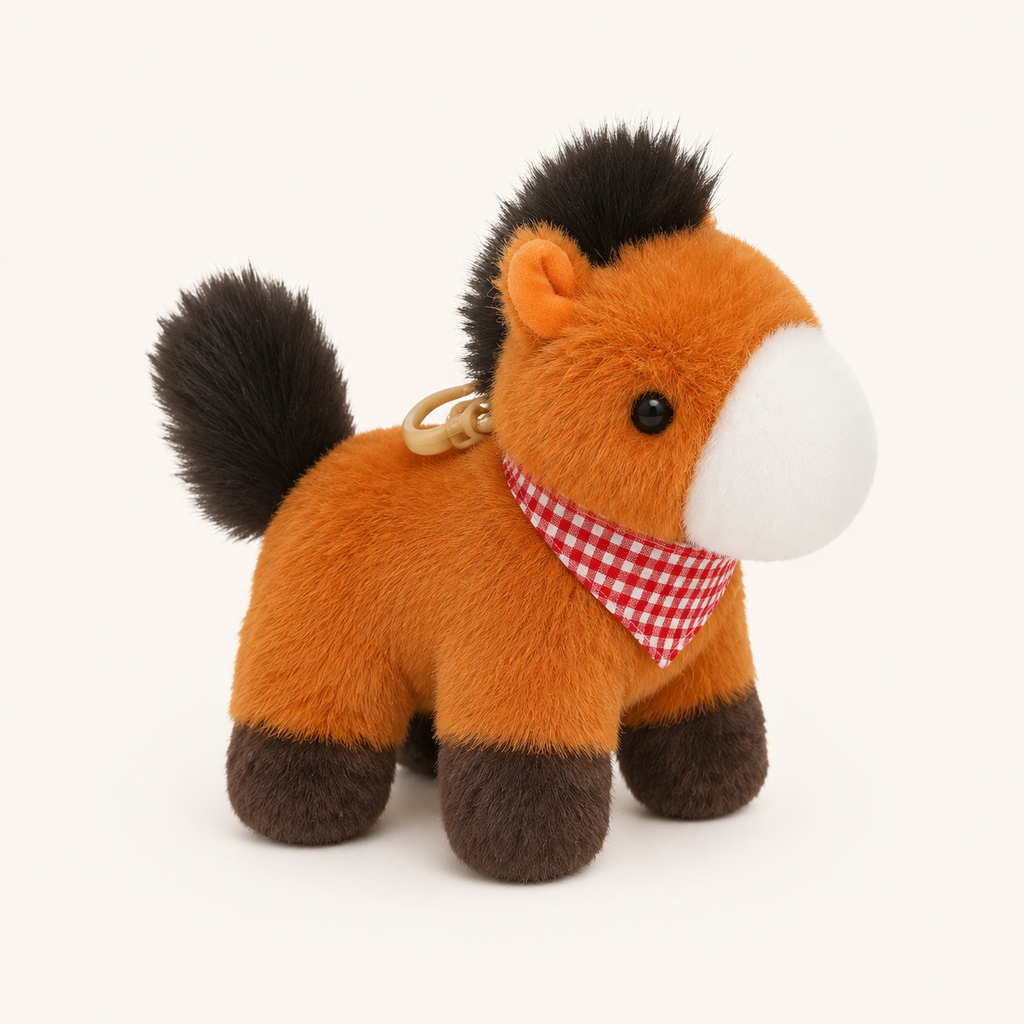 Petit cheval en peluche orange, vue de trois-quarts opposé