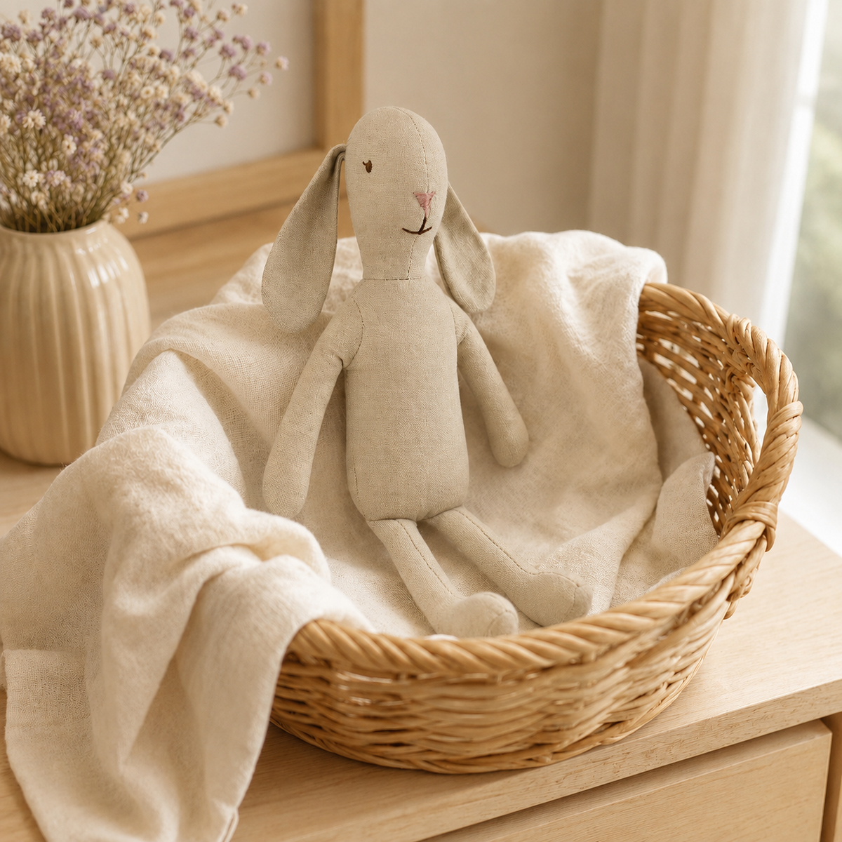 Doudou lapin beige présenté dans un panier en osier avec une couverture ivoire