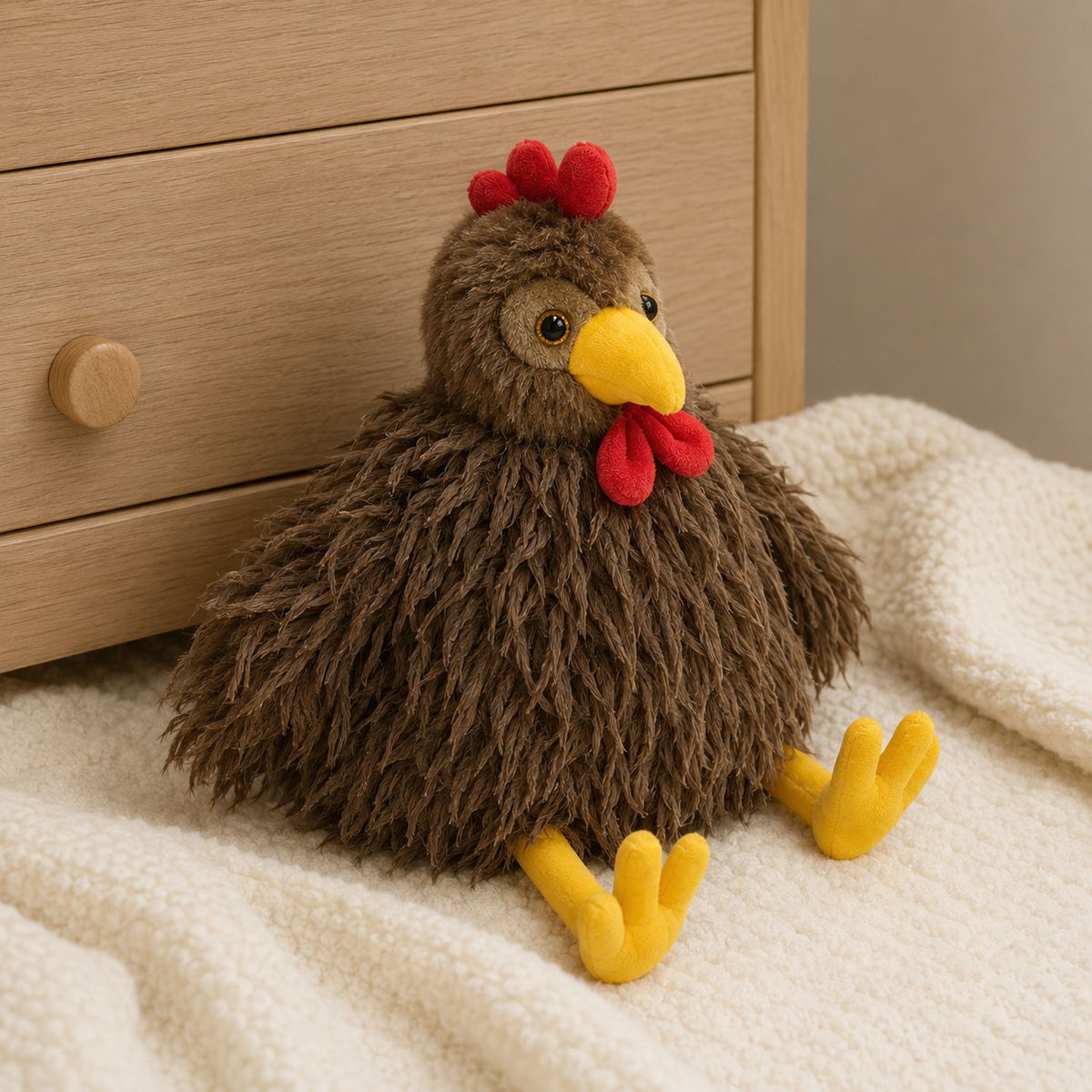 Peluche coq marron à longs poils posée sur une couverture ivoire près d'une commode en bois clair