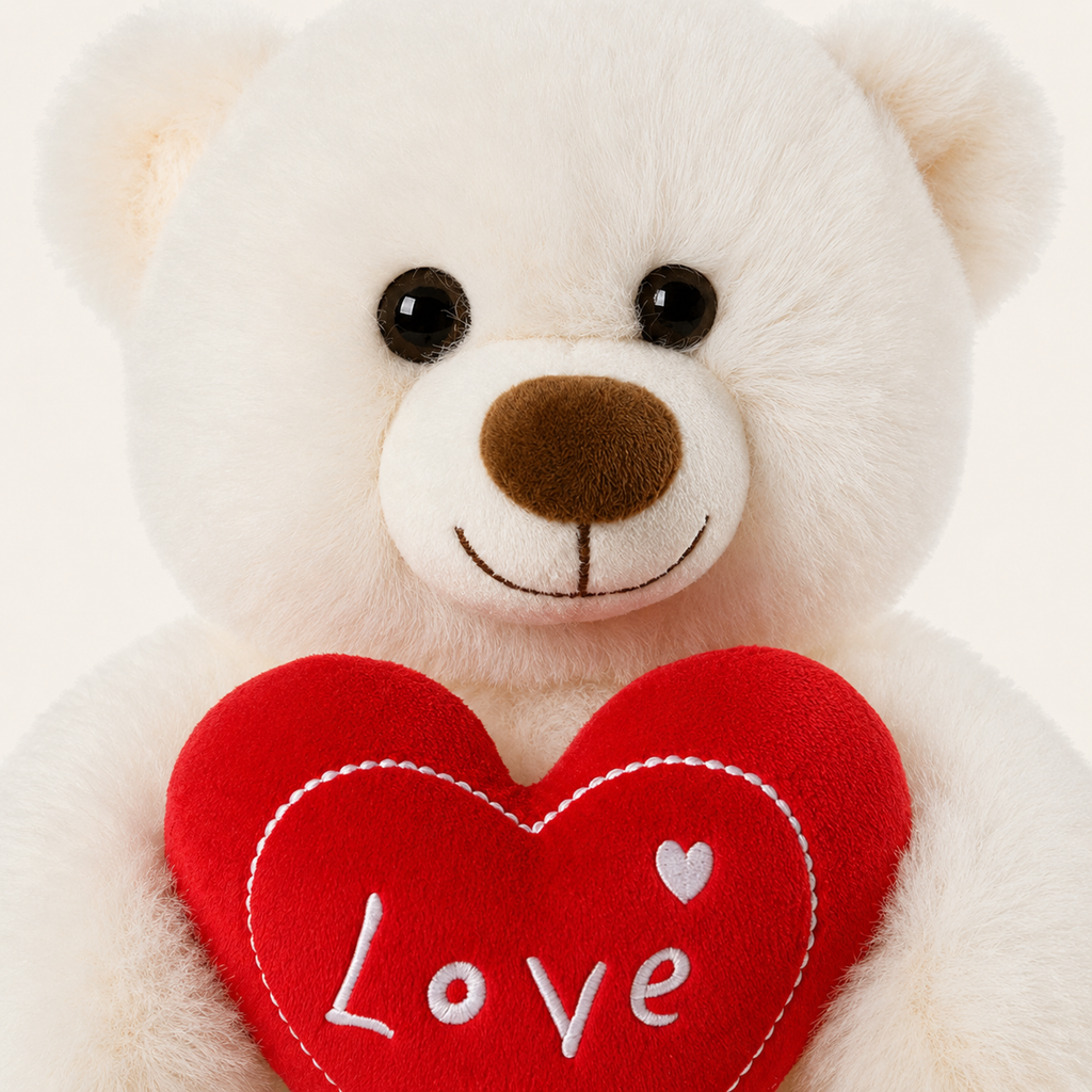 Gros plan sur le visage de la peluche ourson blanche et le cœur rouge brodé Love