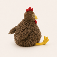 Peluche coq marron à longs poils, vue de profil opposé montrant l'aile et le dos