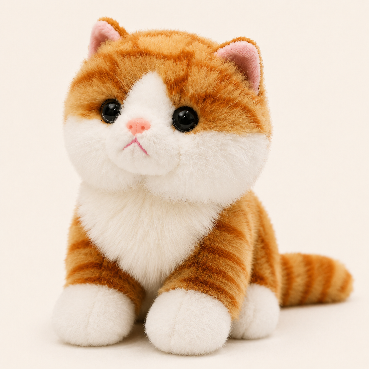 Détail du visage et des rayures du chat en peluche orange tigré