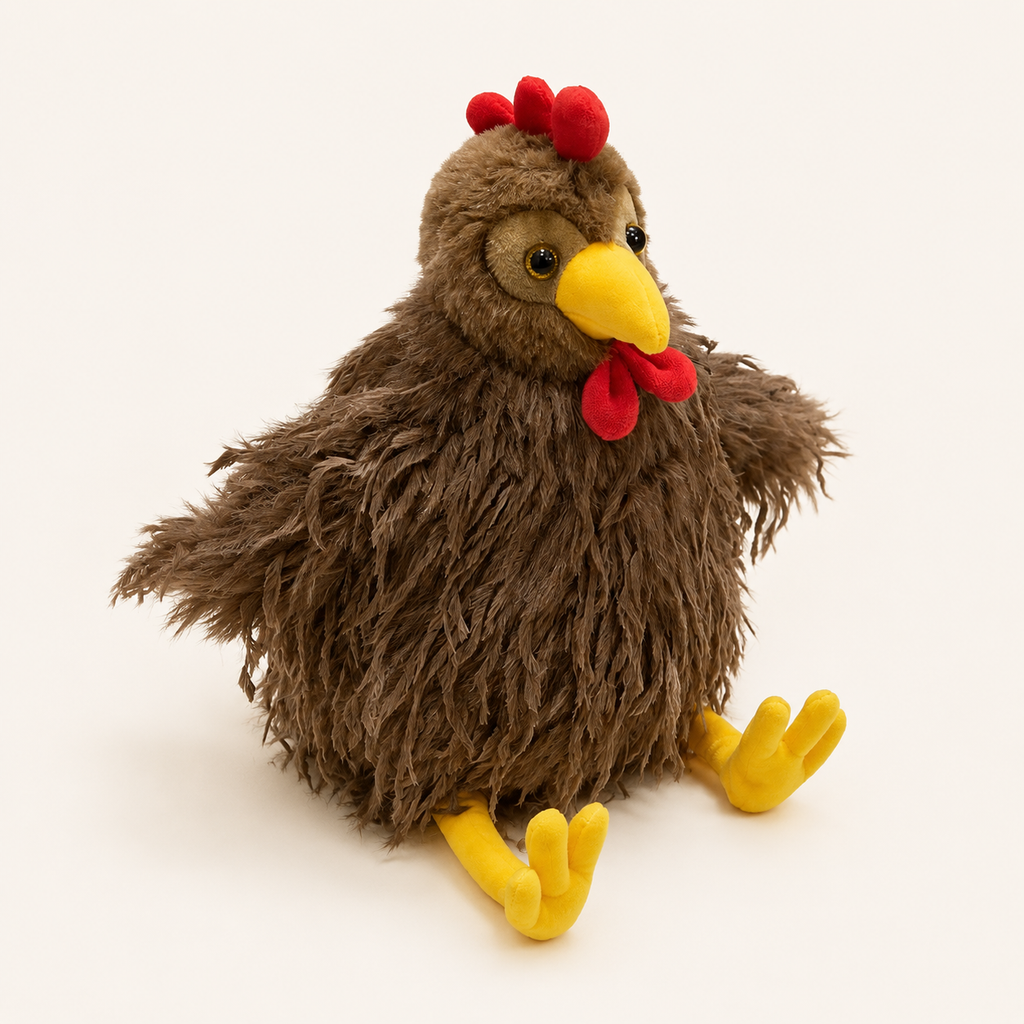 Peluche coq marron à longs poils, vue principale de face et trois-quarts