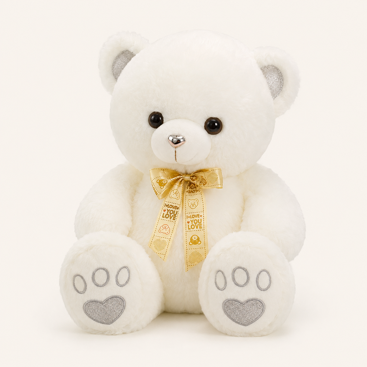 Ours en peluche blanc avec nœud doré 50 cm vue de face
