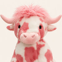 Gros plan visage peluche vache Highland rose, fond ivoire