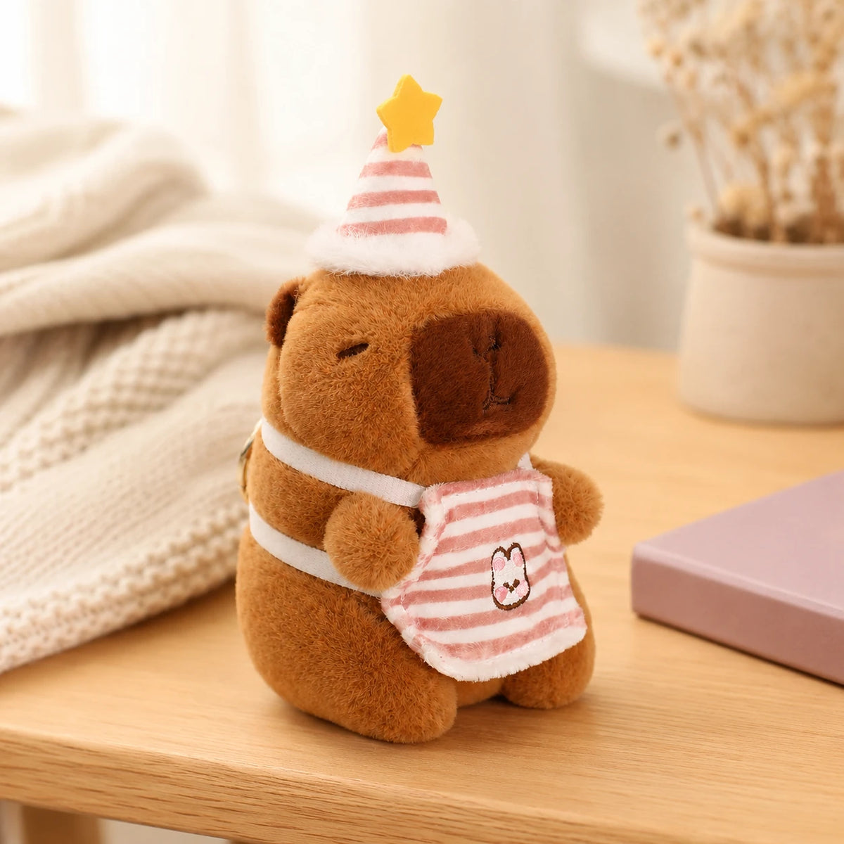 Peluche capybara au chapeau de fete posee sur une table, mise en situation
