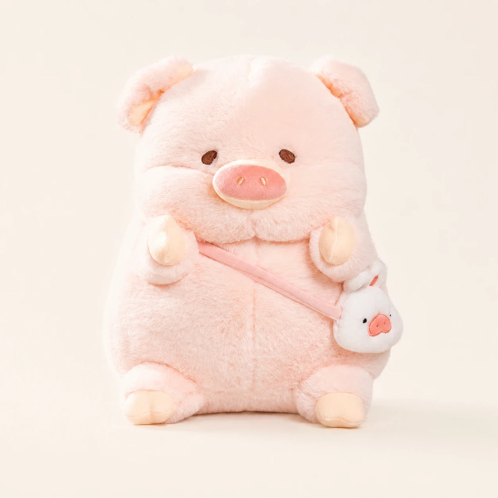 Peluche cochon rose avec son petit sac cochon, environ 20 a 30 cm, fond ivoire
