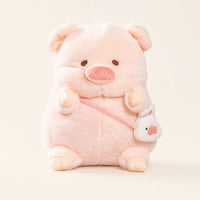 Peluche cochon rose avec son petit sac cochon, environ 20 a 30 cm, fond ivoire