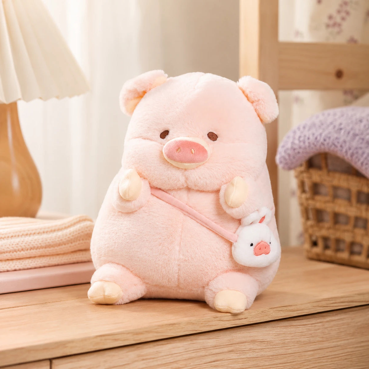 Peluche cochon rose posee sur une commode, mise en situation