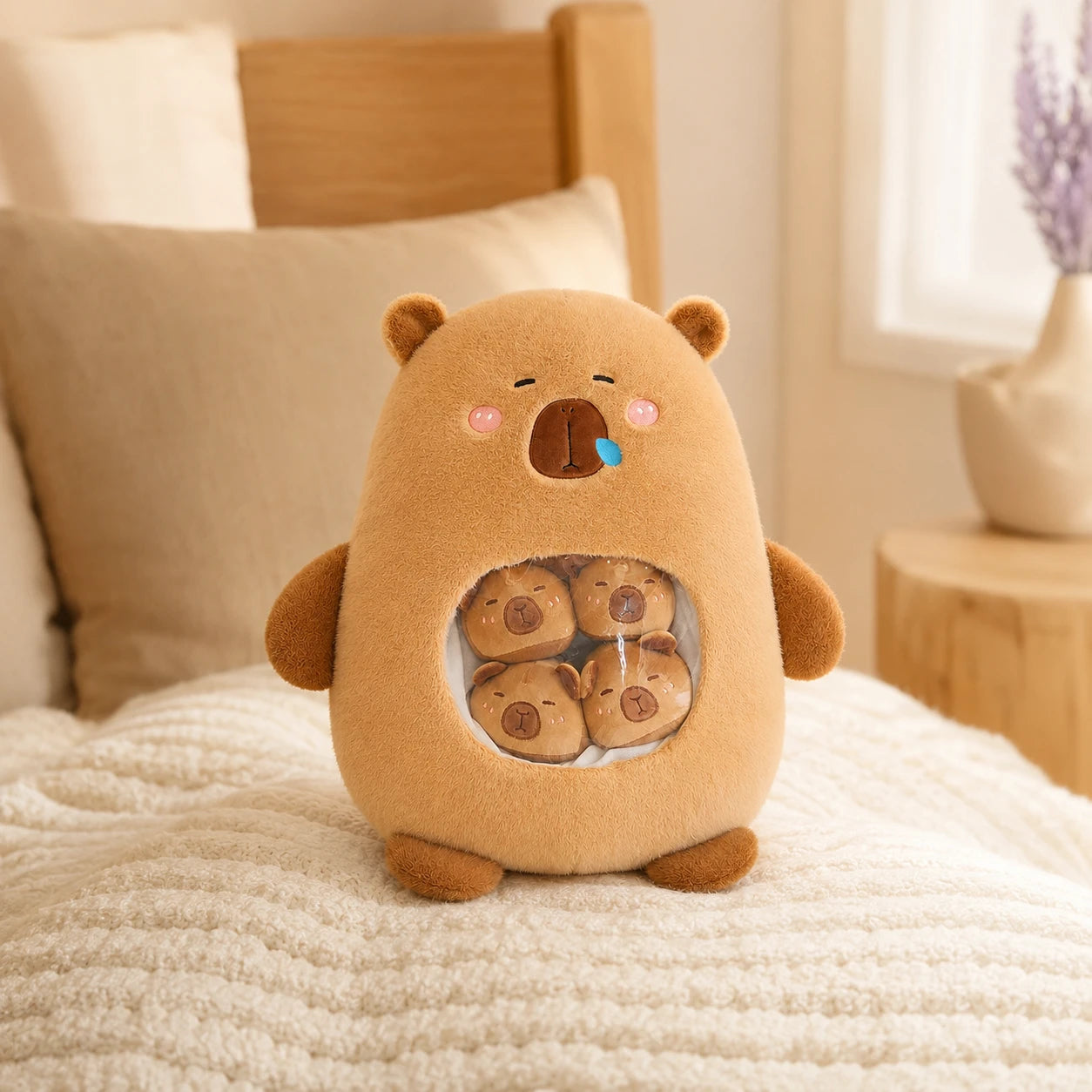 Sac peluche capybara en mise en situation sur un lit