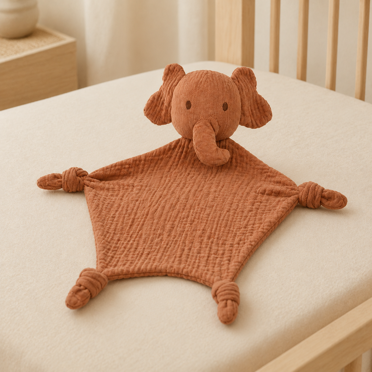 Doudou personnalisé éléphant terracotta dans une chambre de bébé chaleureuse
