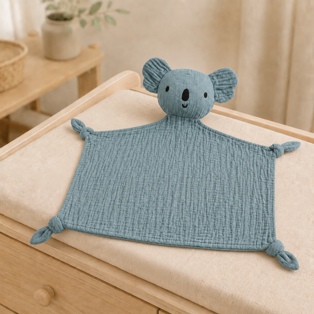 Doudou personnalisé koala bleu grisé à quatre coins noués dans une chambre de bébé chaleureuse