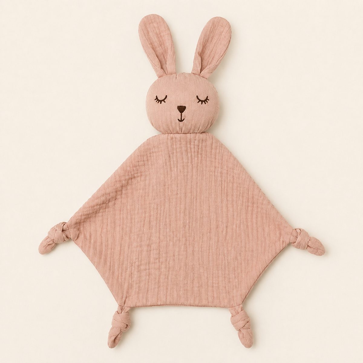 Doudou personnalisé lapin rose poudré en gaze de coton, vue de face sur fond ivoire