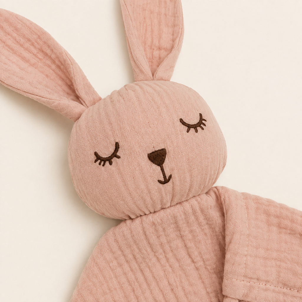 Doudou personnalisé lapin rose poudré, gros plan visage et gaze de coton
