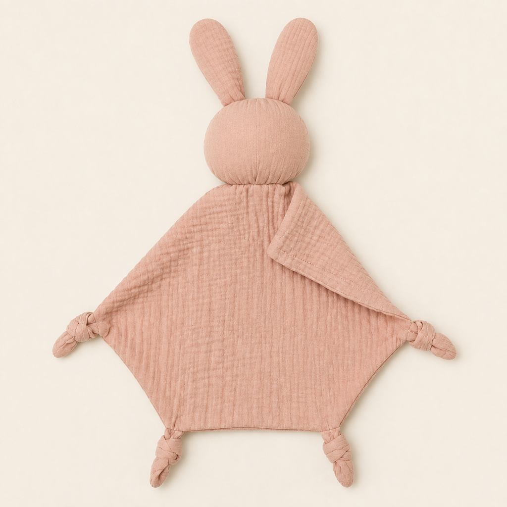 Doudou personnalisé lapin rose poudré, vue de dos sur fond ivoire