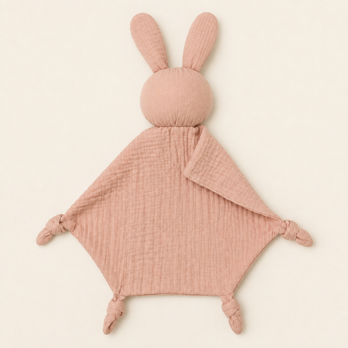 Doudou personnalisé lapin rose poudré, vue de dos sur fond ivoire