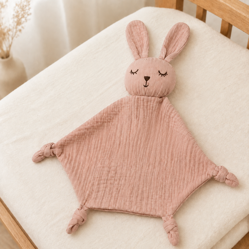 Doudou personnalisé lapin rose poudré dans une chambre de bébé chaleureuse