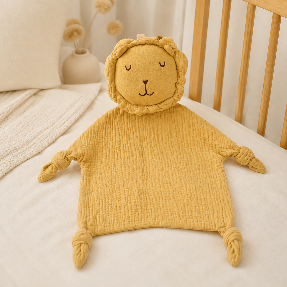 Doudou personnalisé lion jaune moutarde dans une chambre de bébé chaleureuse