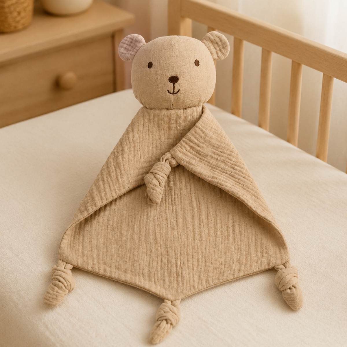 Doudou personnalisé ours beige dans une chambre de bébé chaleureuse