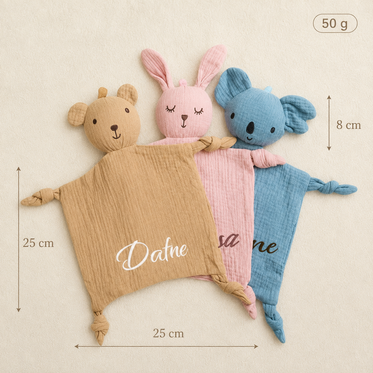 Toutes variantes – Doudou personnalisé animaux, guide des dimensions 25 × 25 cm, tête 8 cm et poids 50 g