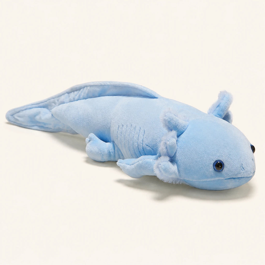 Peluche axolotl bleu, vue principale de profil sur fond ivoire