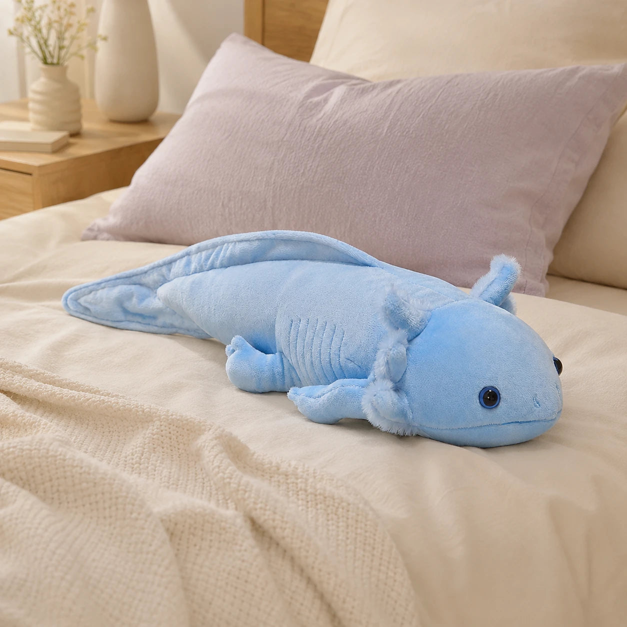 Peluche axolotl bleu posée sur un lit douillet, mise en situation
