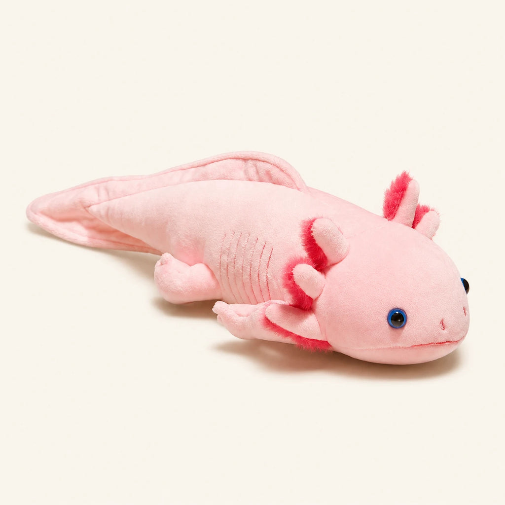 Peluche axolotl rose, vue principale de profil sur fond ivoire
