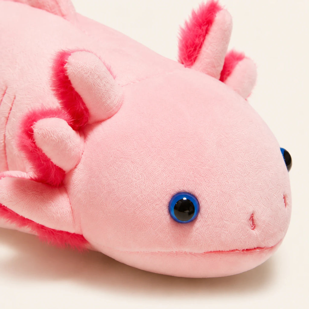 Peluche axolotl rose, gros plan sur le visage et les branchies