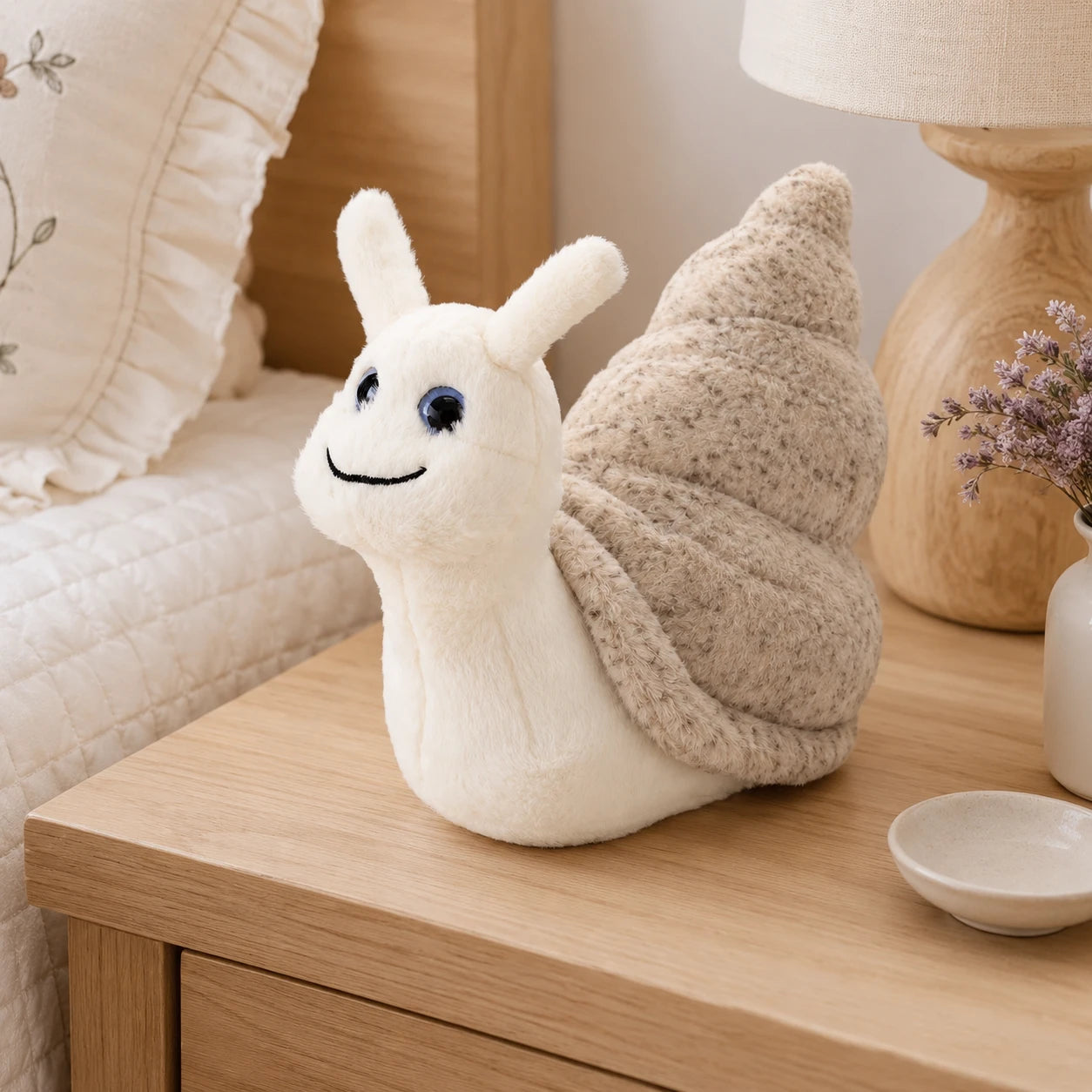 Coussin Peluche Escargot Blanc Beige